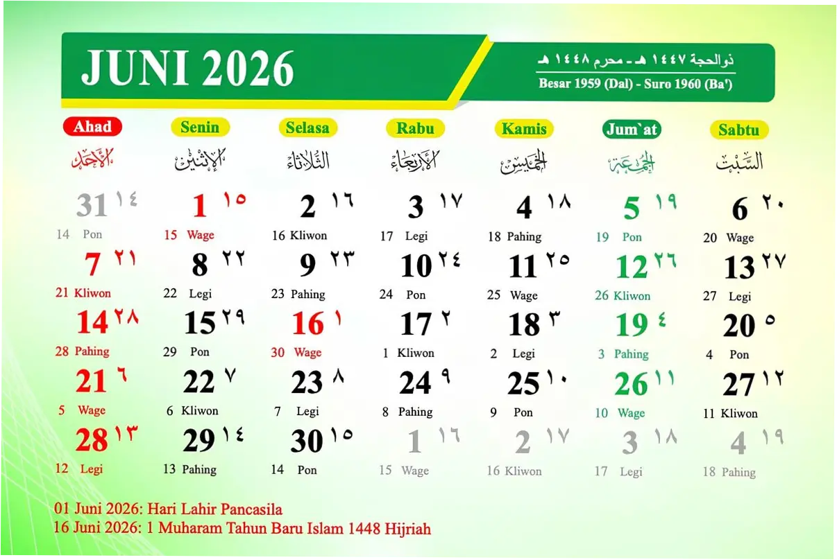 Kalender Juni 2026: Tanggal Merah, Libur Nasional, dan Cuti Bersama